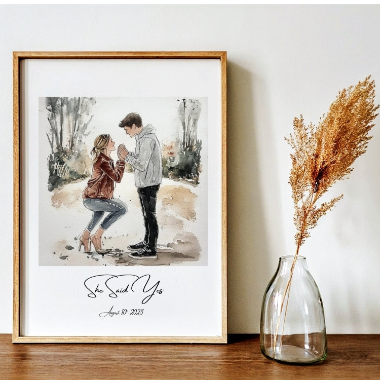 Couple Proposal Engagement Hand-Painted Water Colour Portrait