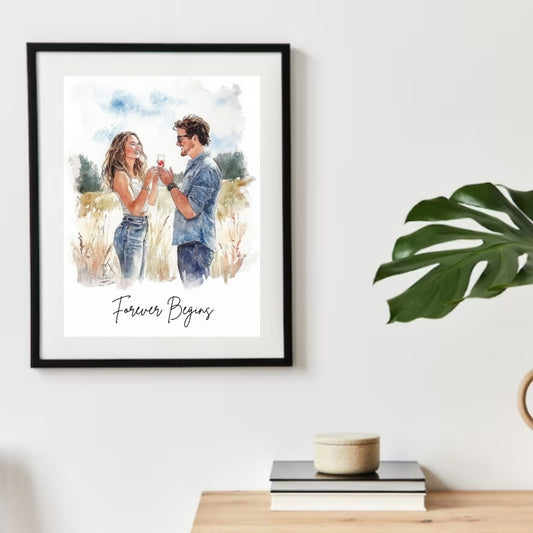 Couple Proposal Engagement Hand-Painted Water Colour Portrait